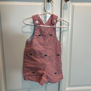 Anavini hand smocked red seersucker whale overall